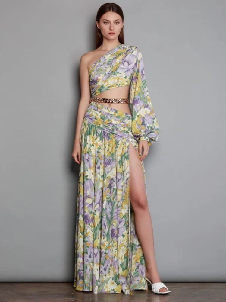 One Shoulder Floral Long Chiffon Maxi Dress VestiVogue  