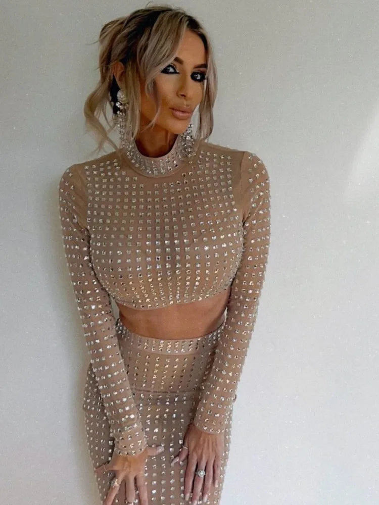 Long Sleeve Mesh Crystal Two Pieces Set VestiVogue  