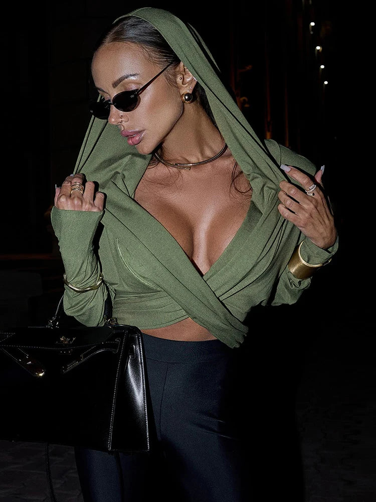 Ruched V-Neck Hooded Top with Full Sleeves VestiVogue