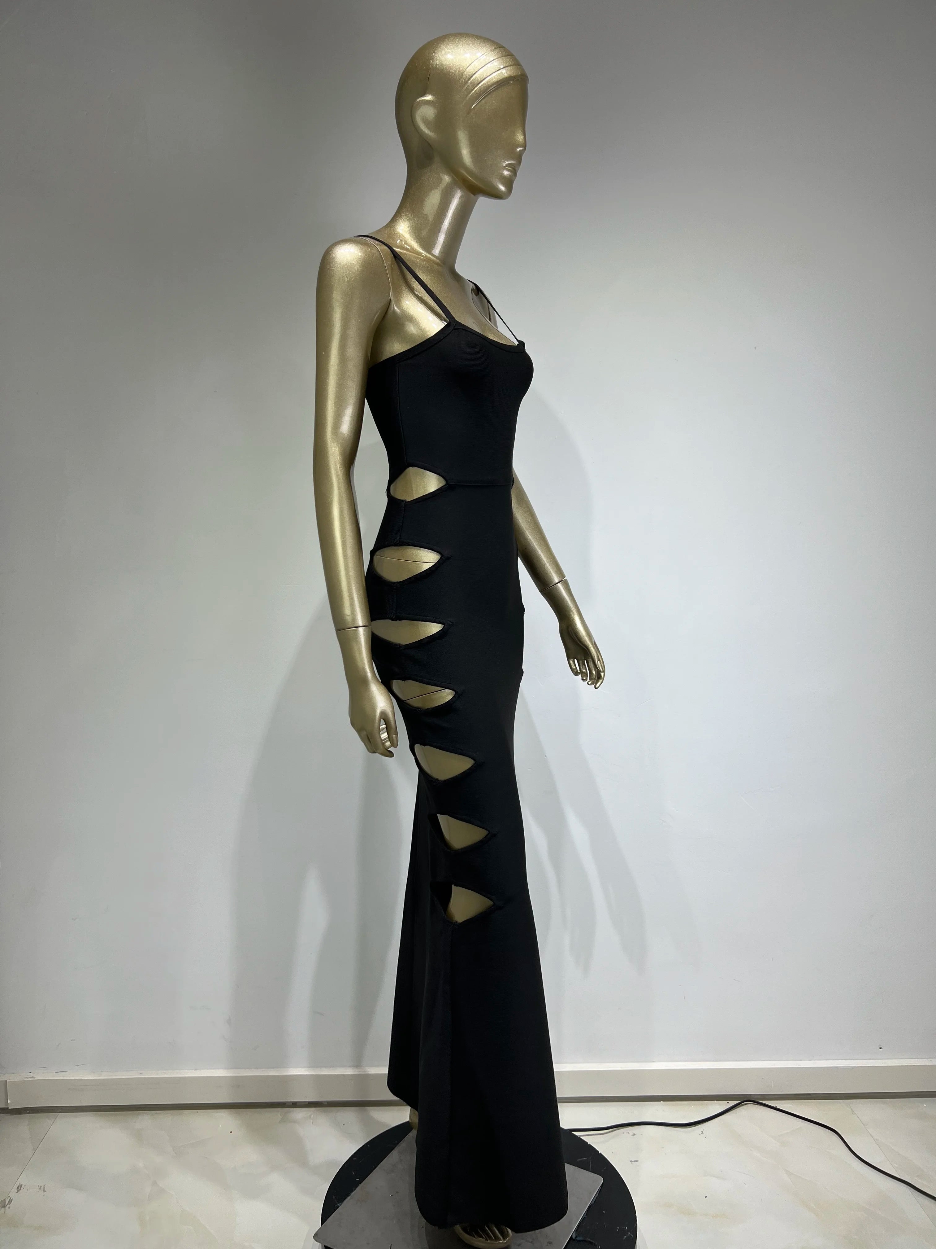 Elegant Black Maxi Bandage Dress with V Neck and Hollow Out Design VestiVogue  