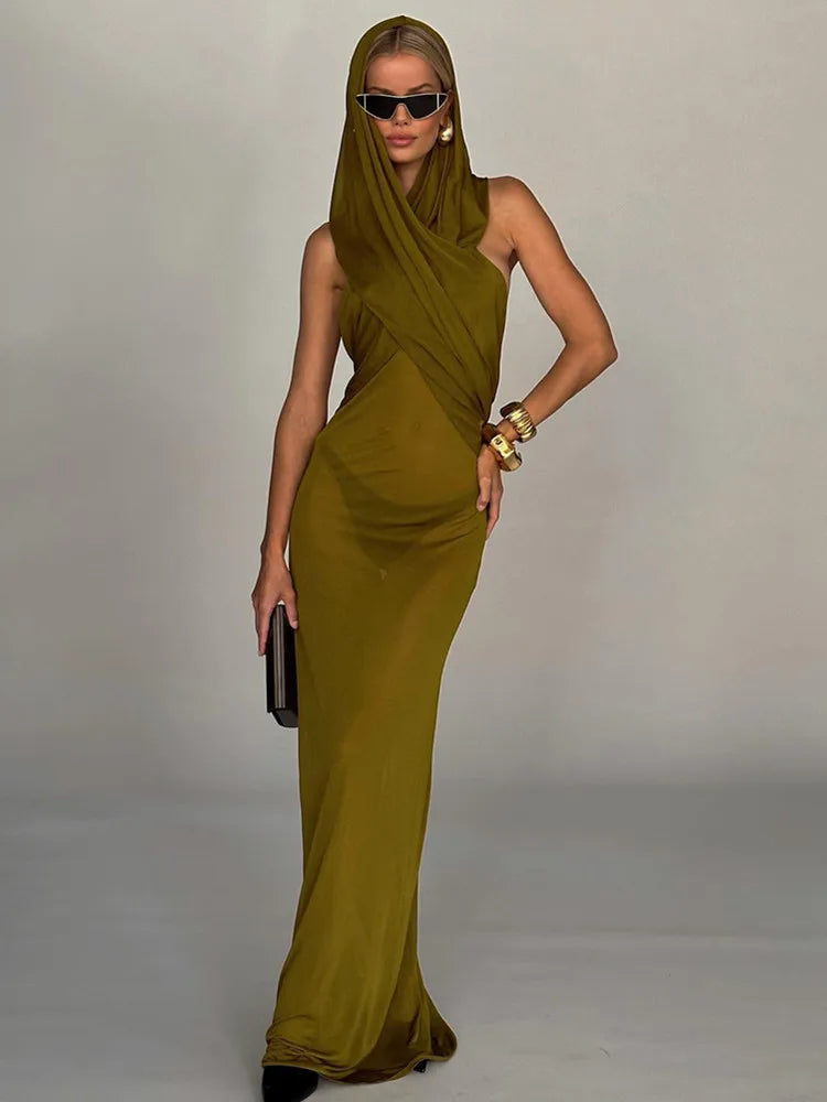 Green bodycon Maxi dress with Hoodie VestiVogue Army Green L