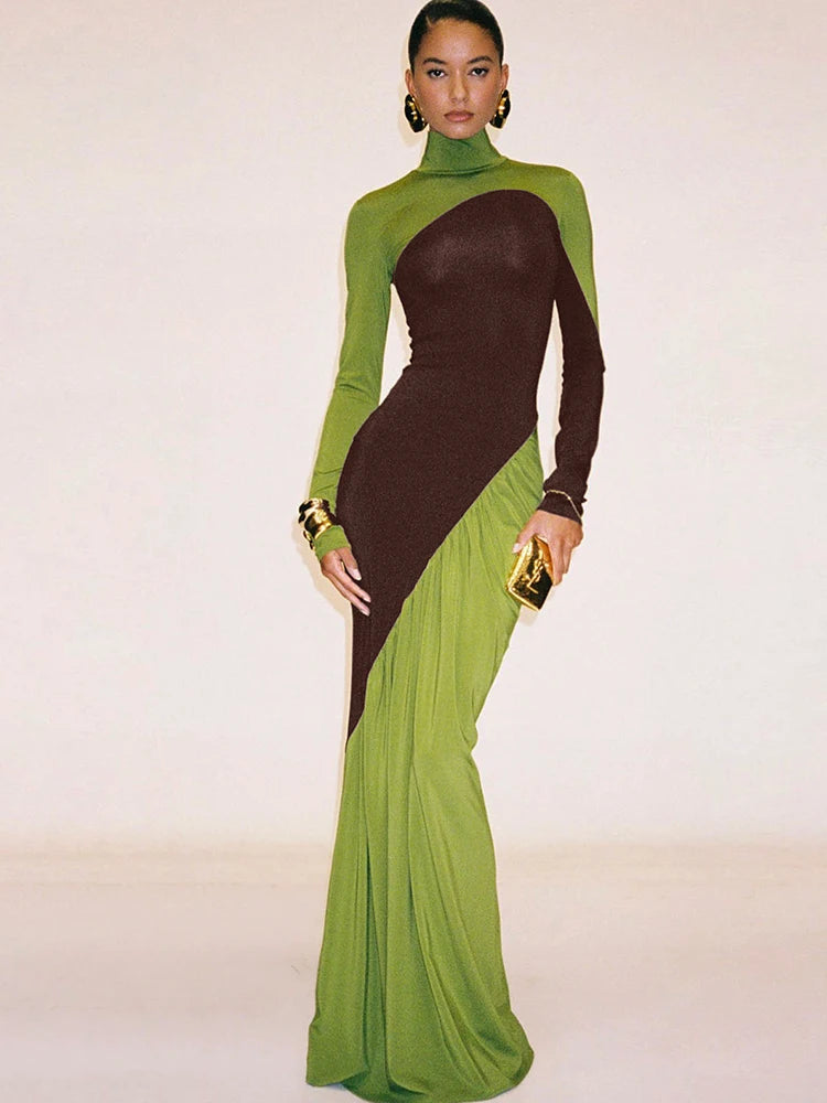 Contrast Patchwork Turtleneck Long Sleeve Dress VestiVogue green L