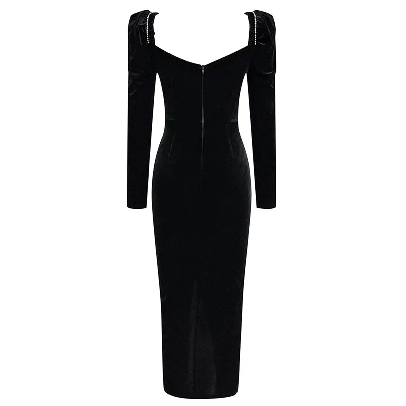 Velvet Midi Dress with Sequined Square Neckline VestiVogue