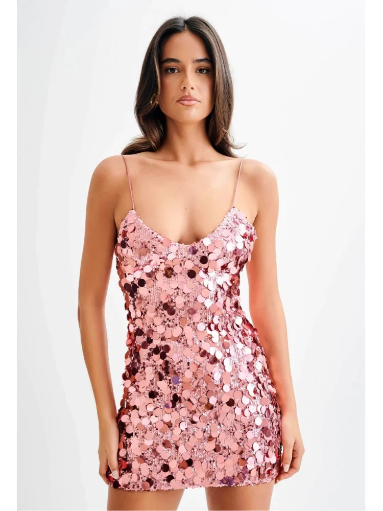 Women's Sparkly Mini Party Dress with Sequins VestiVogue Pink L