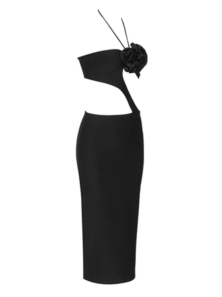 Sultry Black Halter Bodycon Midi Dress VestiVogue  