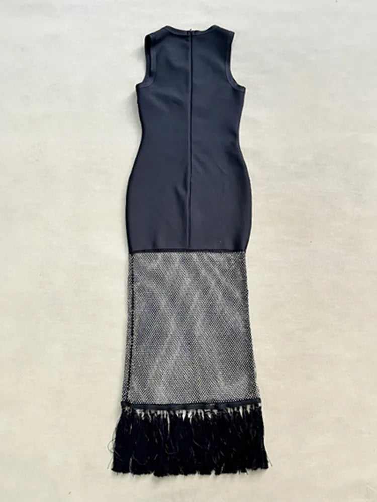 Elegant Black Bodycon Maxi Dress with Diamond Beading VestiVogue