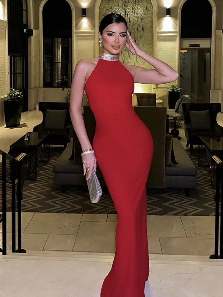 Long Red Bodycon Bandage Dress - Elegant Halter Backless Evening Party Dress VestiVogue Red XS