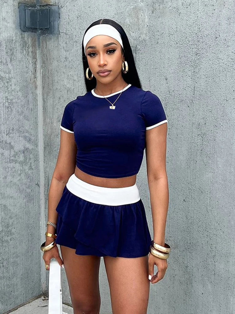 Sporty Panelled Two-Piece Set: O-neck Crop Tee & Pleated Mini Skirt VestiVogue DEEP BLUE S