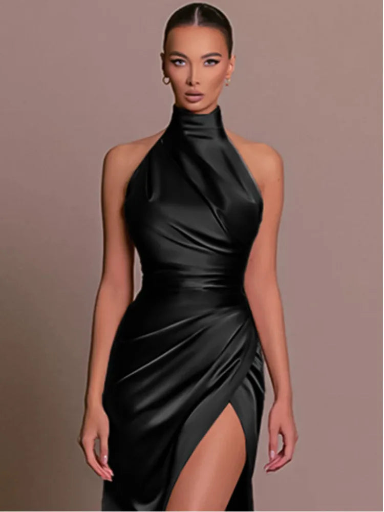 Satin Sleeveless Turtleneck Split Slim Fit Dress VestiVogue  