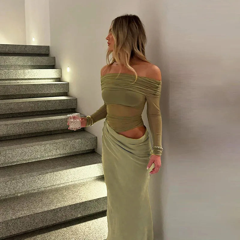 Elegant Backless Mesh Maxi Dress VestiVogue army green L