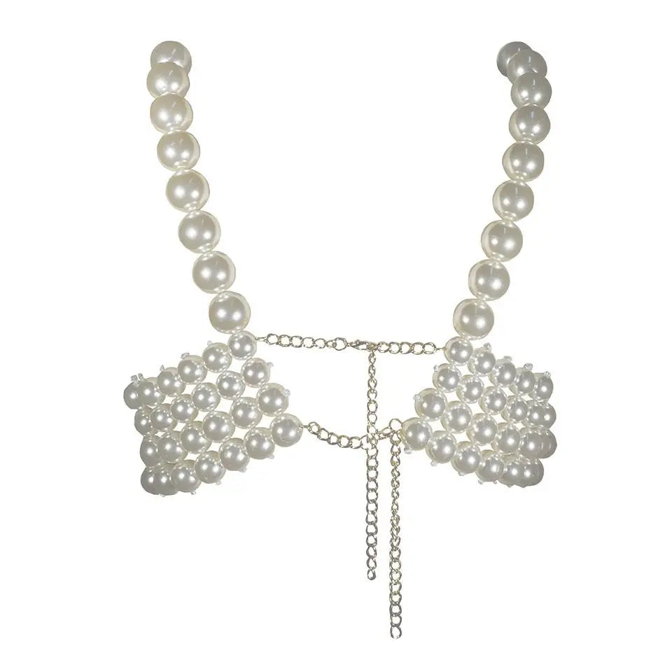 Elegant Backless V Neck Pearls Crop Top VestiVogue