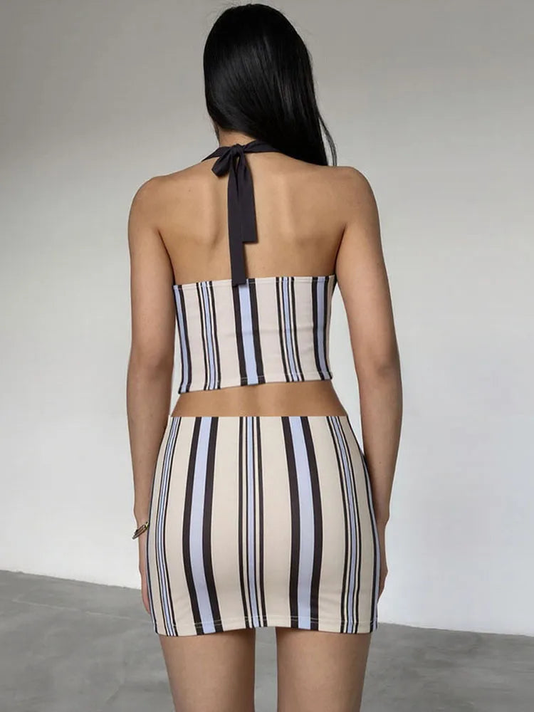 Stripe Print Halter Neck 2 Piece Set with Mini Skirt VestiVogue
