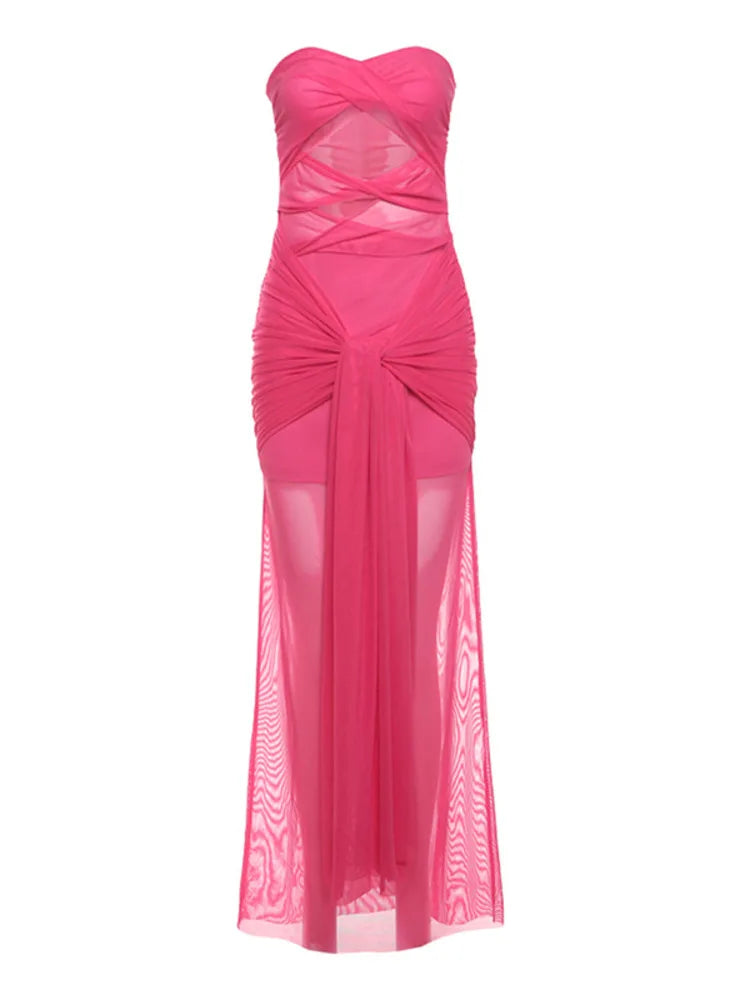 Women's Sexy One Line Neck Mesh Evening Dress VestiVogue L Rose Pink