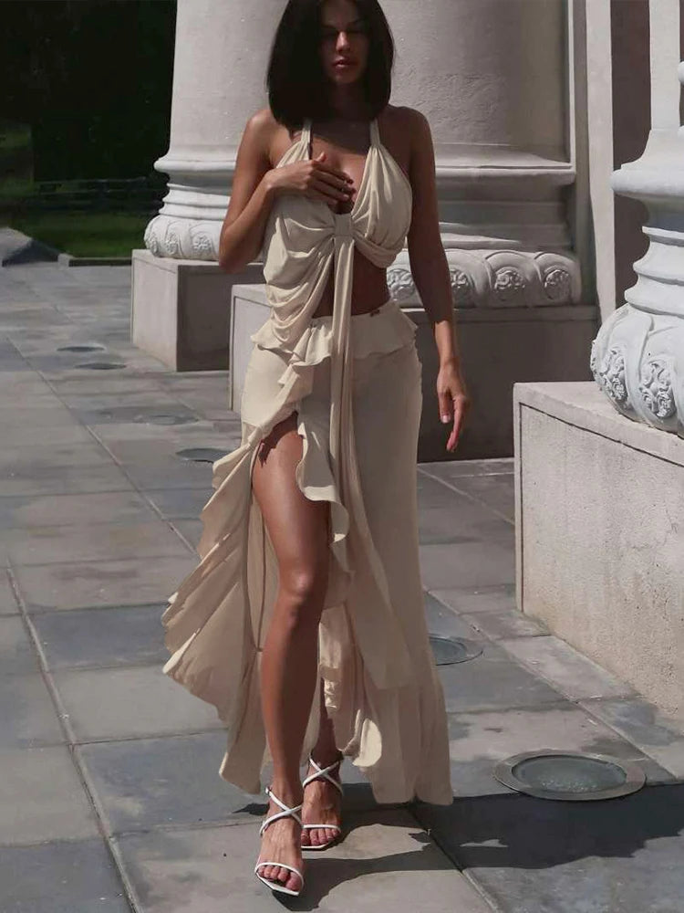 Asymmetrical Pleated Halter Tank & Ruffle Split Maxi Skirt Set VestiVogue