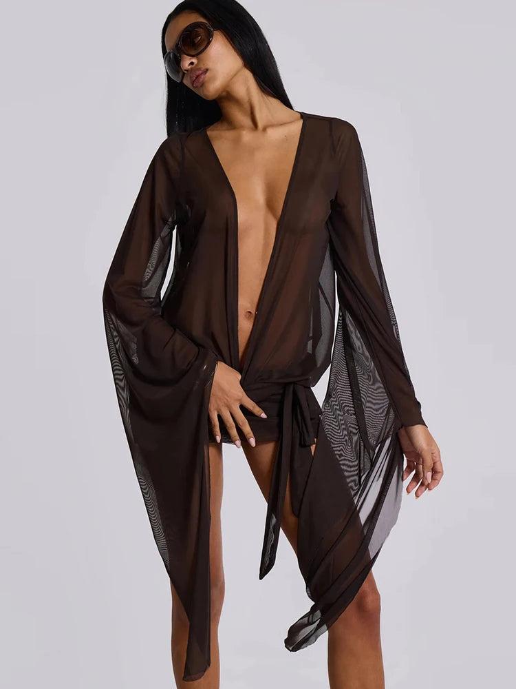 Asymmetrical Mesh Mini Dress with Long Sleeves VestiVogue