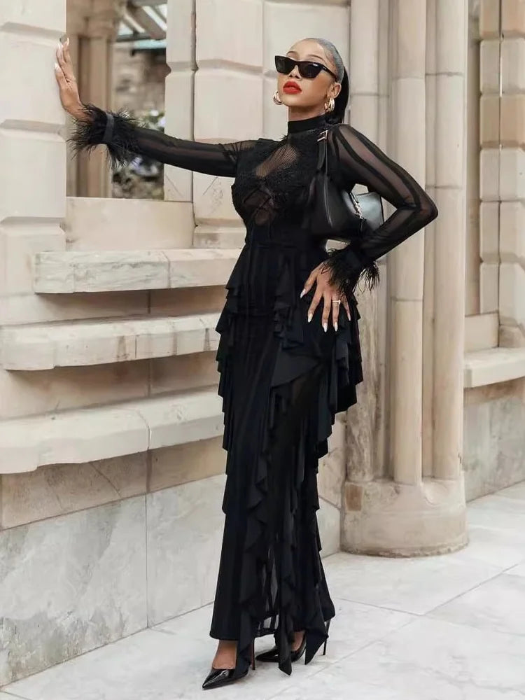 Elegant Black Lace & Mesh Maxi Dress with Feathers VestiVogue  