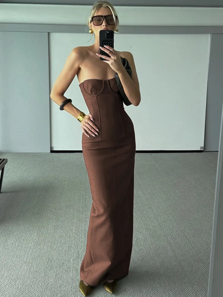Strapless Backless Chocolate Maxi Bodycon Dress VestiVogue