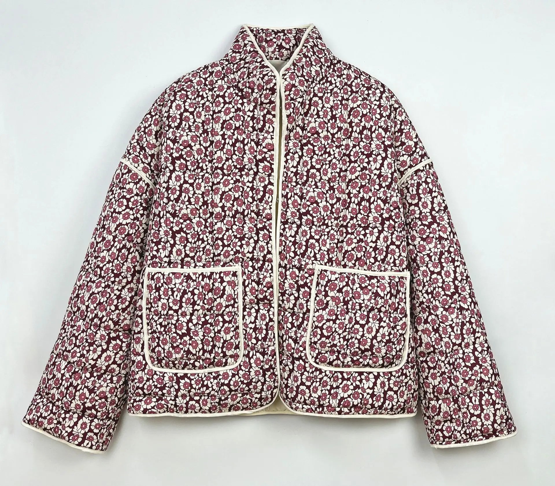 Floral Print Stand Collar Quilted Jacket for Women VestiVogue