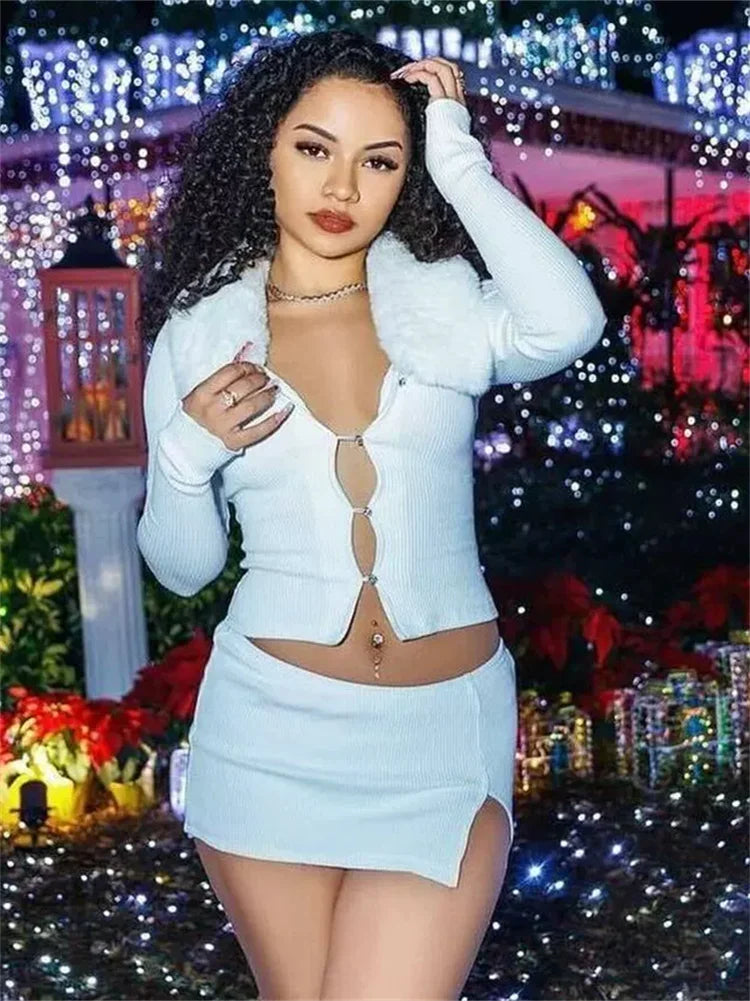 Fur Patchwork Ribbed Two-Piece Slim-Fit Set with Side Split Mini Skirt VestiVogue