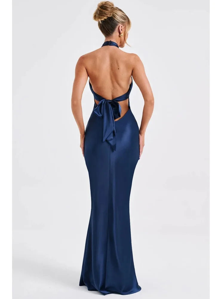 Elegant Backless Satin Maxi Dress for Women VestiVogue  