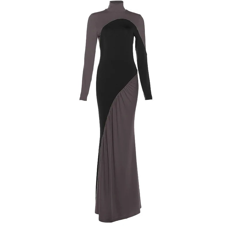 Chic Contrast Patchwork Turtleneck Dress with Full Sleeves VestiVogue Coffee M