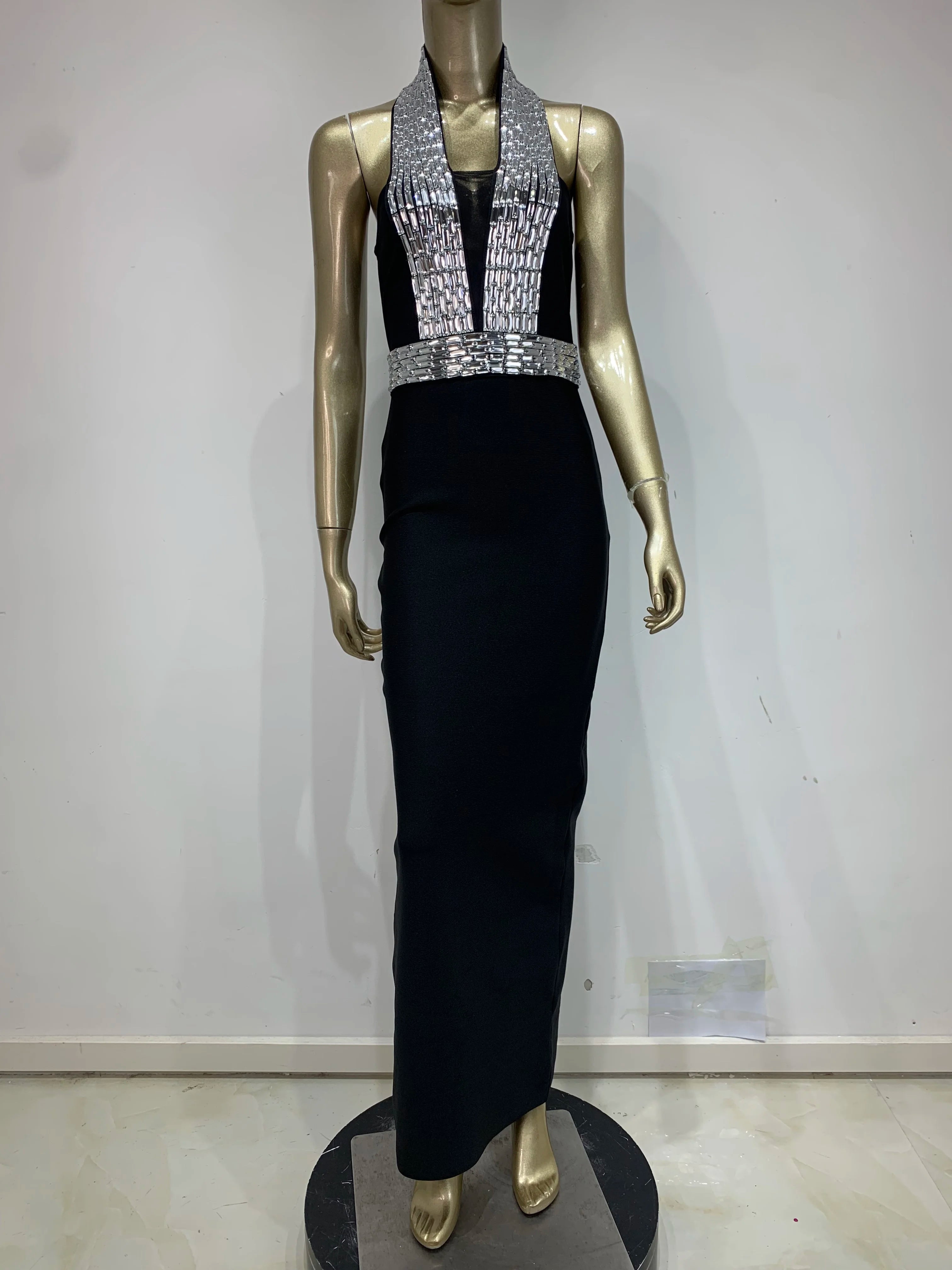 Black Backless Beaded Maxi Bodycon Dress VestiVogue