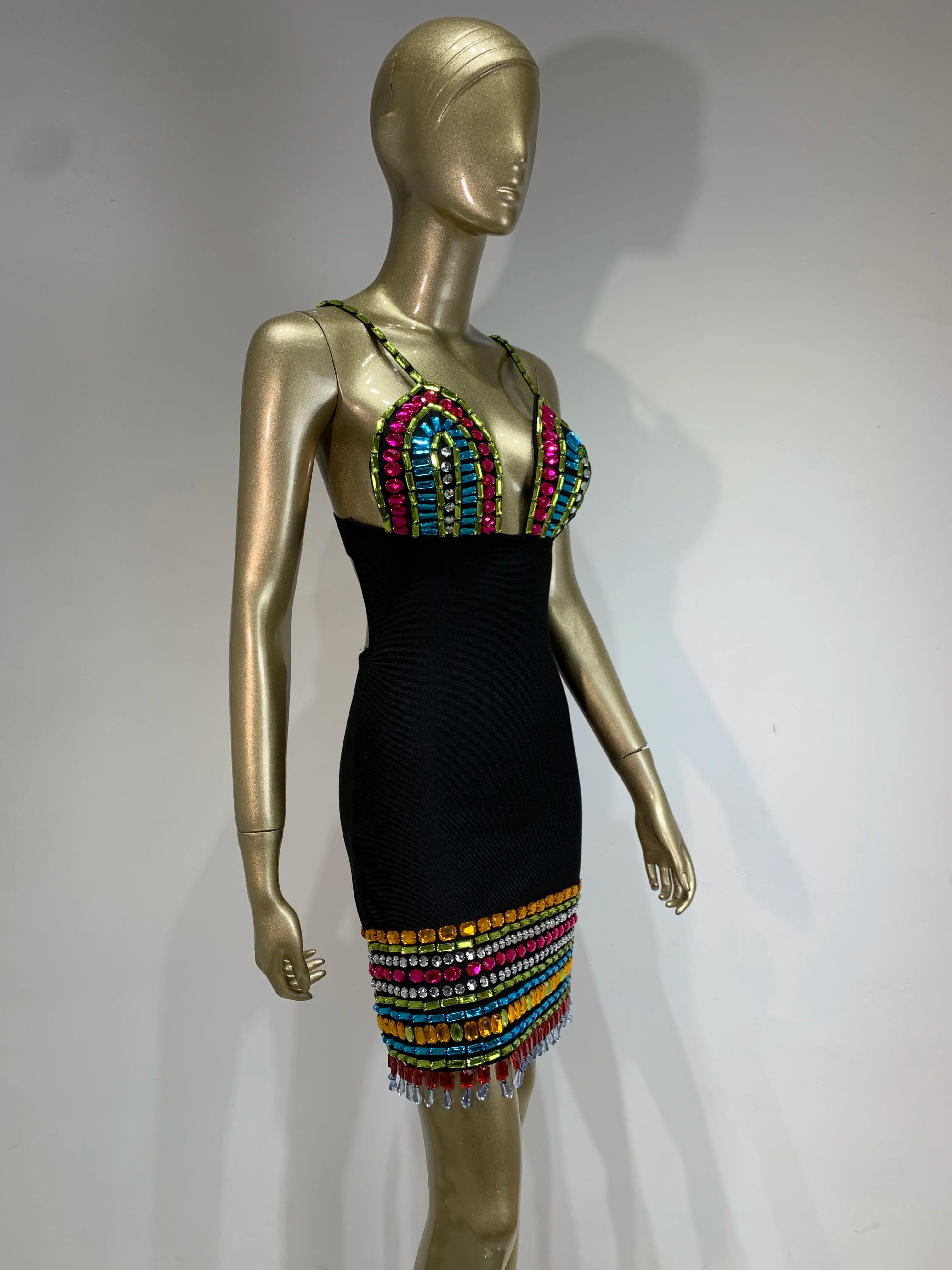 Colorful Crystal Diamonds Backless Black Mini Dress VestiVogue  