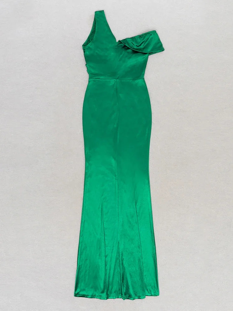 One Shoulder Asymmetrical Green Satin Maxi Dress VestiVogue