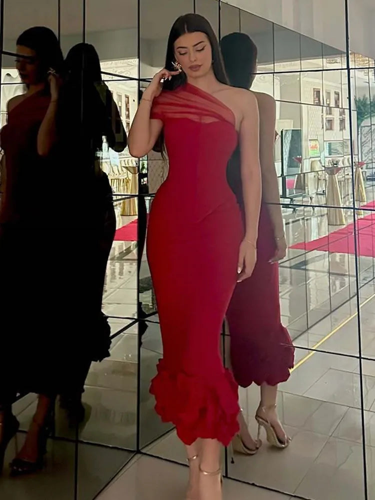 One-Shoulder Red Mermaid Two-Piece Mesh Set VestiVogue