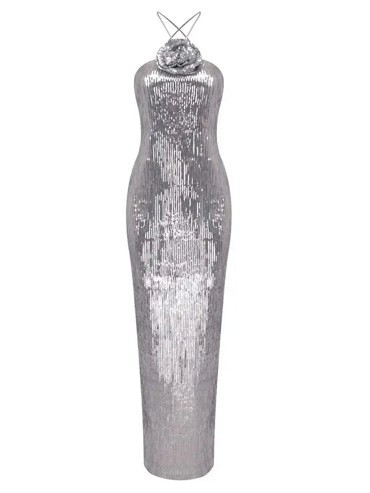 Sparkly Silver Bodycon Halter Dress VestiVogue