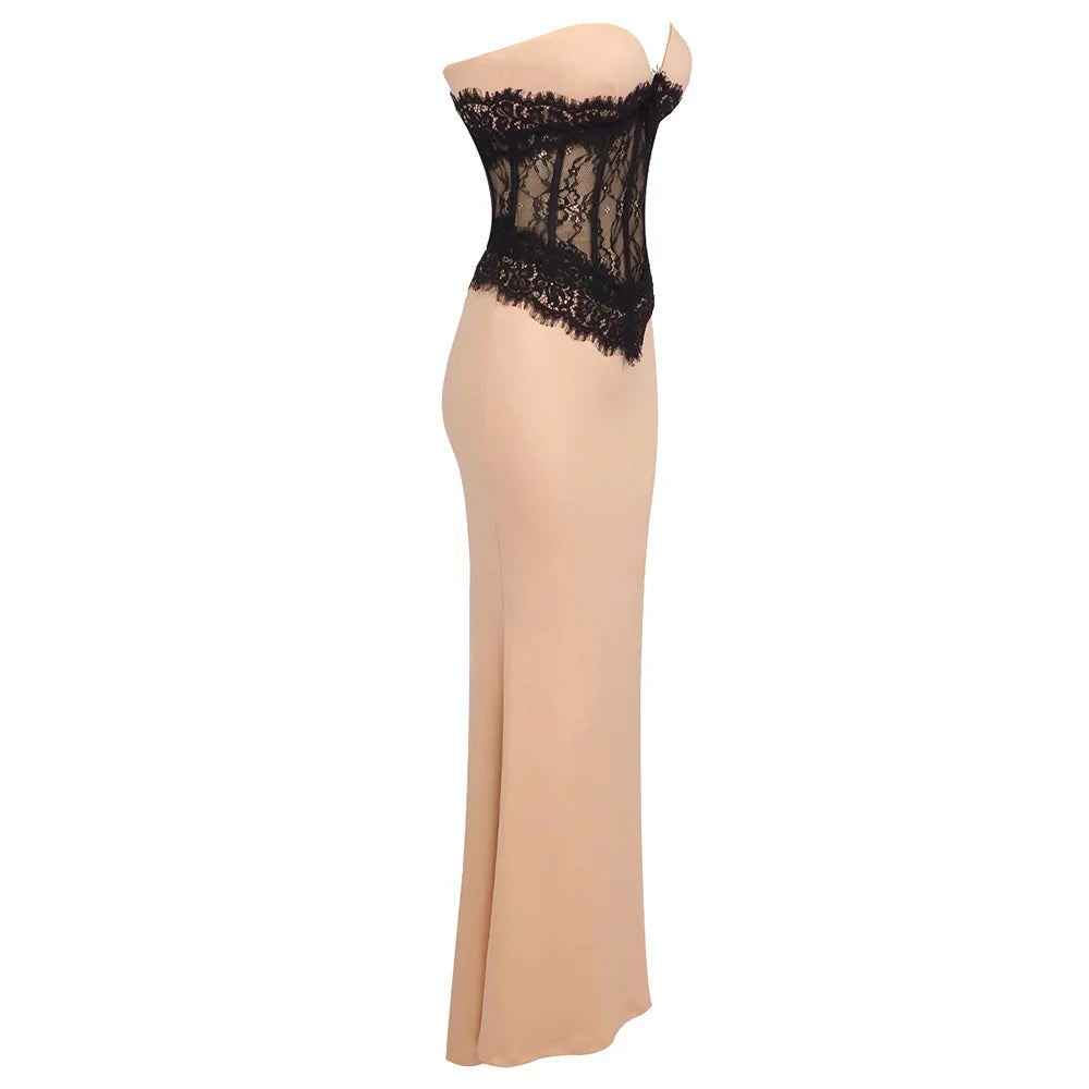 Elegant Strapless Lace Maxi Dress in Black VestiVogue