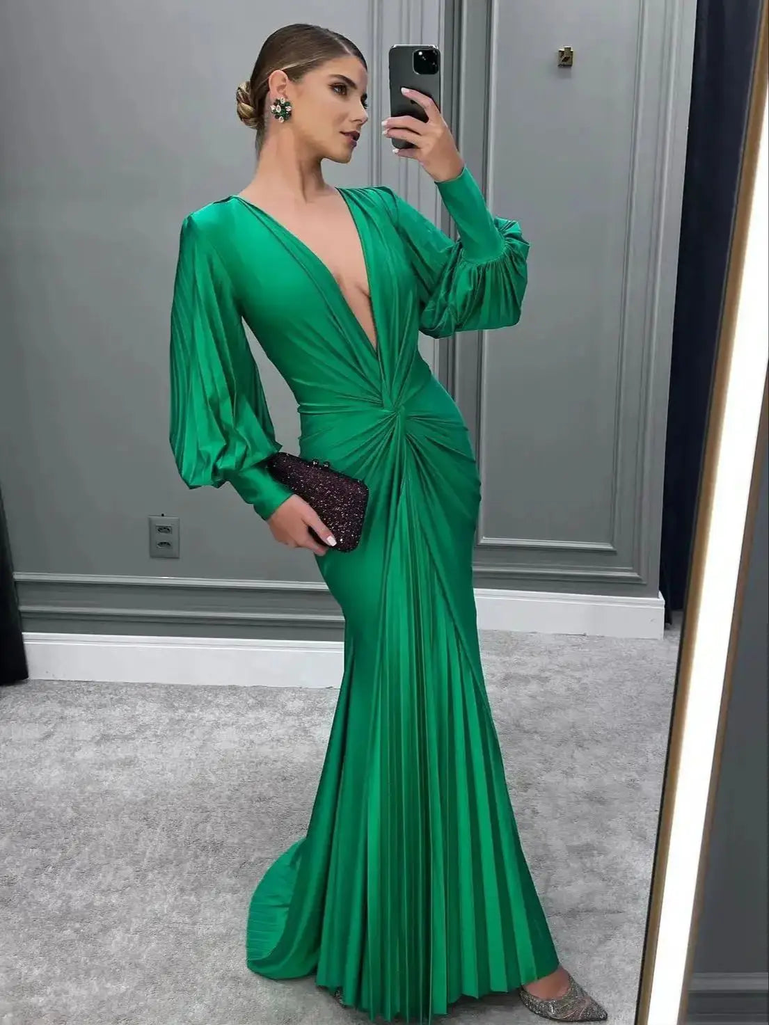 Deep V Neck Satin Green Maxi Dress VestiVogue green XS