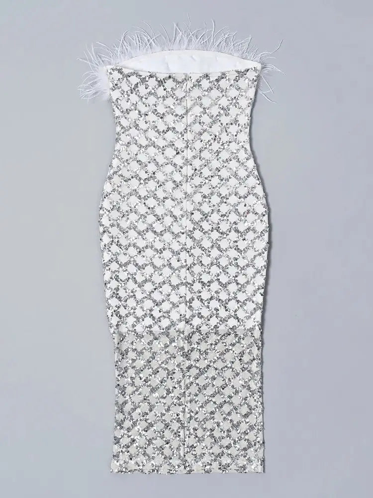 Luxury Feathers & Sequins Strapless Midi Dress VestiVogue