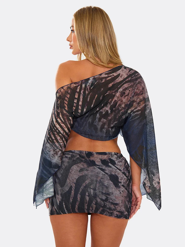 Tiger Stripe Mesh Two-Piece Set with Crop Top and Mini Skirt VestiVogue