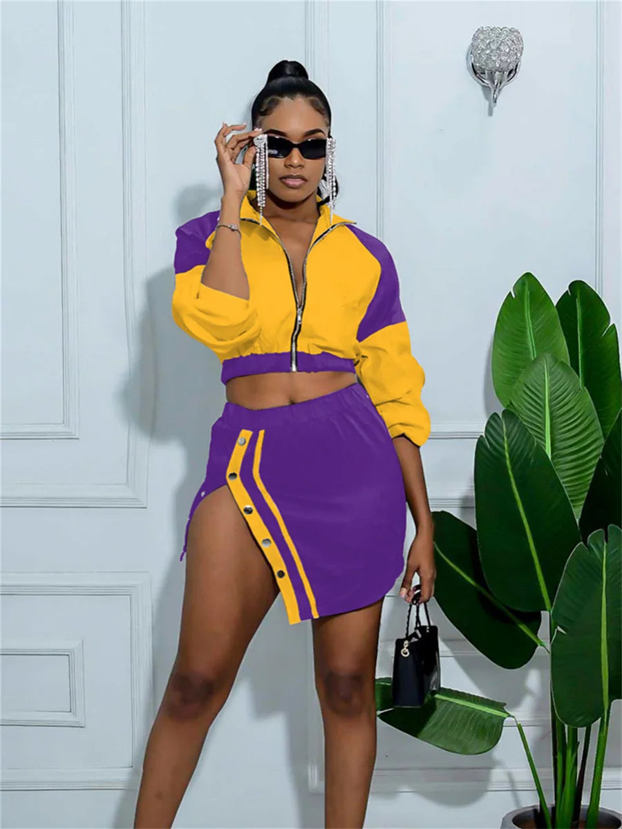 Sporty Contrast Two-Piece Set with Crop Jacket and Slit Skirt VestiVogue