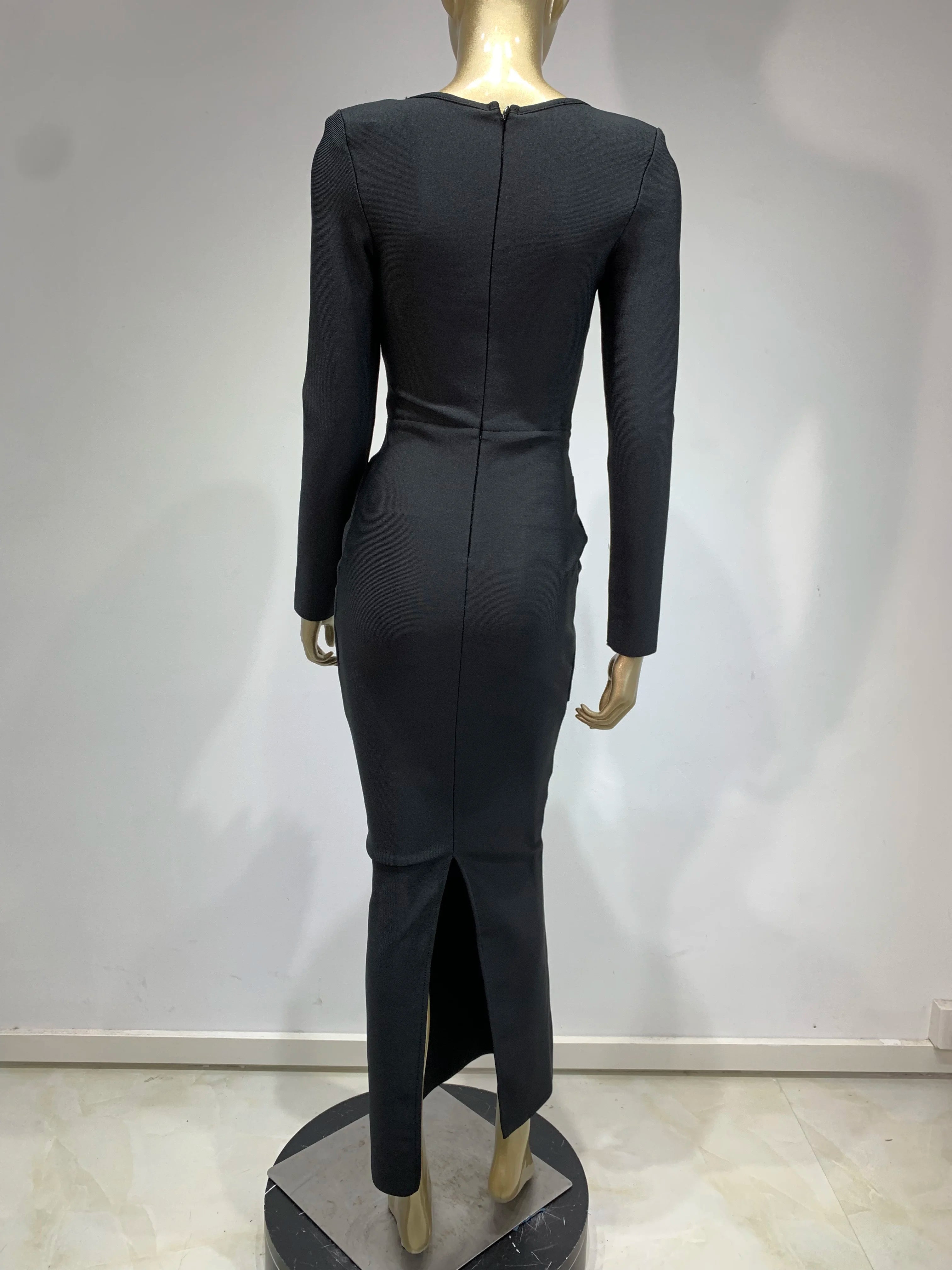 Elegant Black Maxi Bodycon Dress with Beading and Ruffles VestiVogue