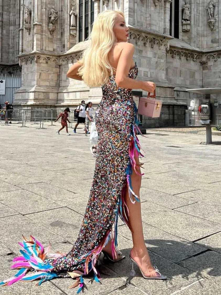 Strapless Colourful Feather Sequin Maxi Dress VestiVogue  