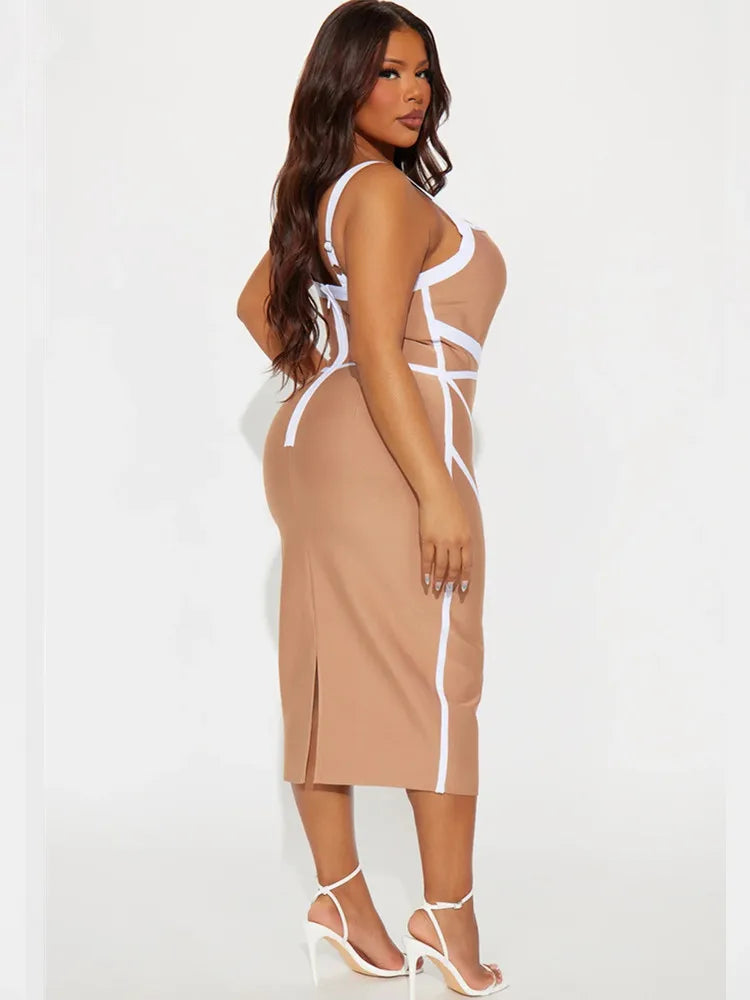 Beige V Neck Midi Bodycon Dress with Patchwork Design VestiVogue