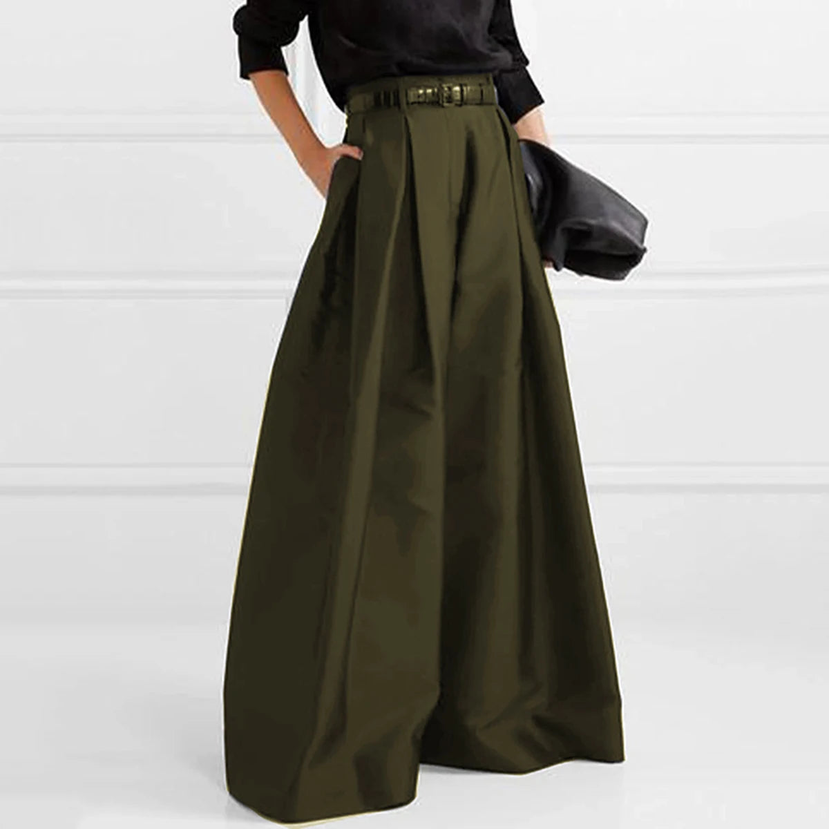 Chic High Waisted Pleated Wide Leg Pants in Solid Colour VestiVogue ARMY GREEN XXL