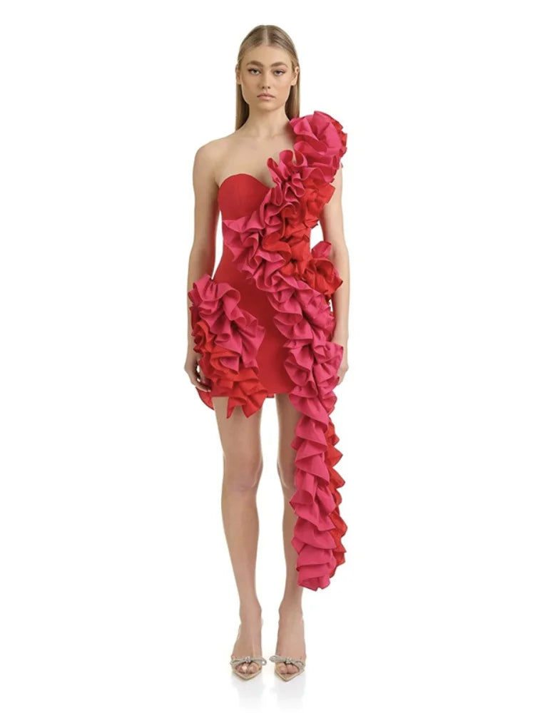 One Shoulder ruffled Red Bodycon Bandage Dress VestiVogue  