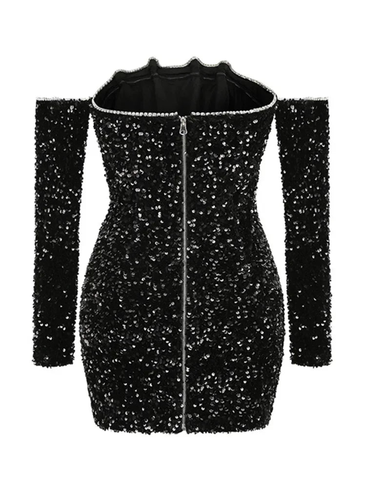 Sexy Off Shoulder Sequin Black Mini Dress VestiVogue  