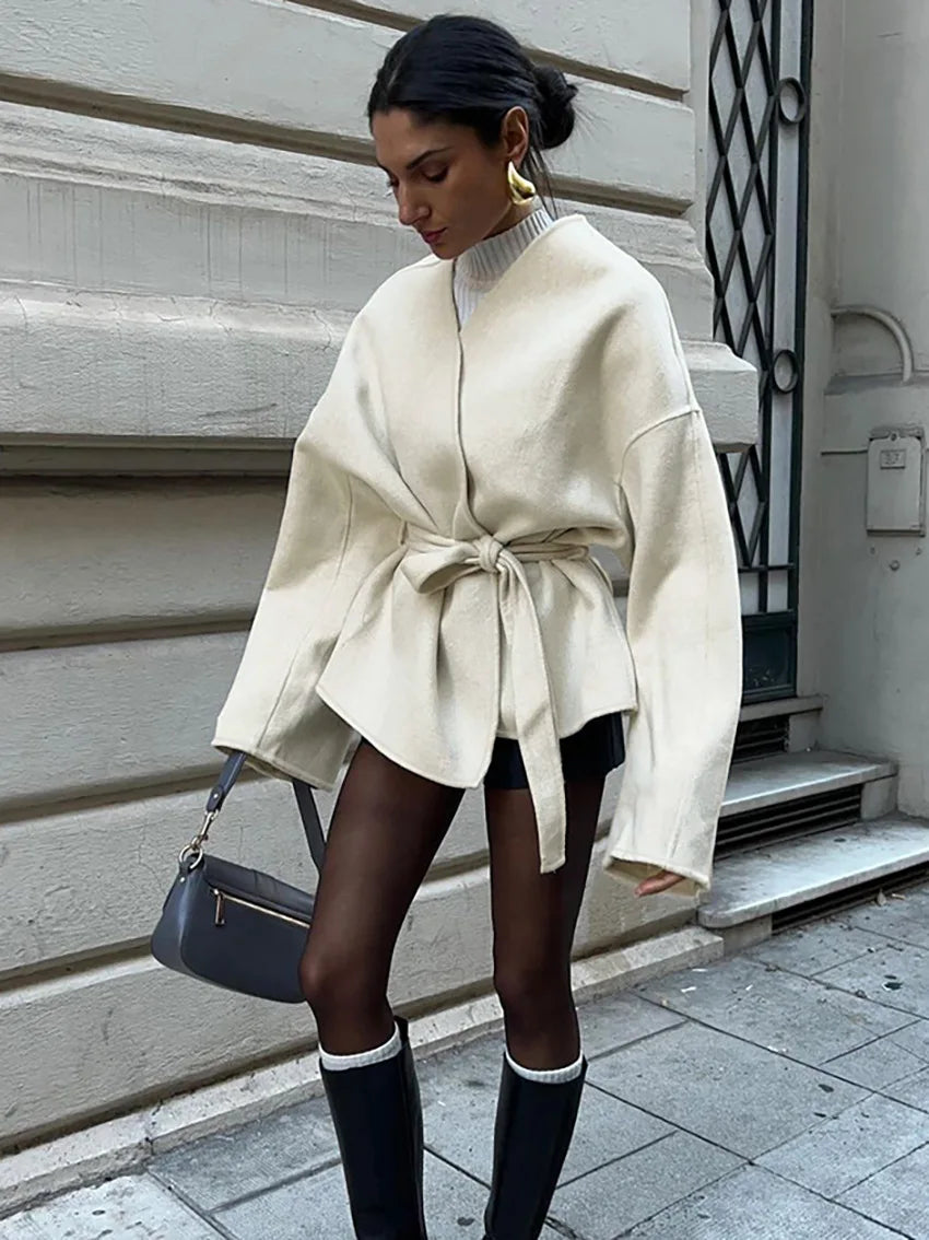 Elegant V-Neck Lace-Up Long Sleeve Coat for Women VestiVogue