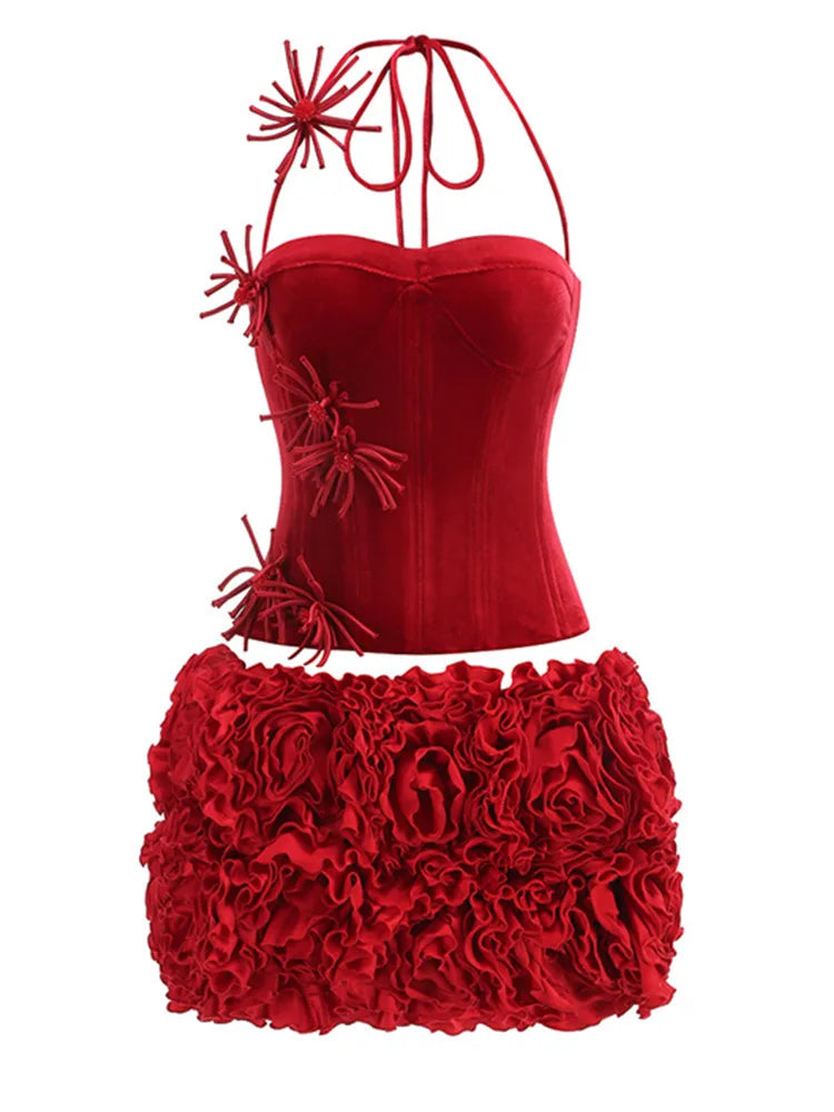 Halter Backless Floral Mini Two-Piece Bandage Set VestiVogue Red L