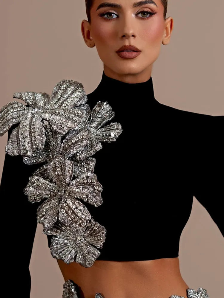 Chic Floral Bandage Mini Skirt Set with Long Sleeves VestiVogue