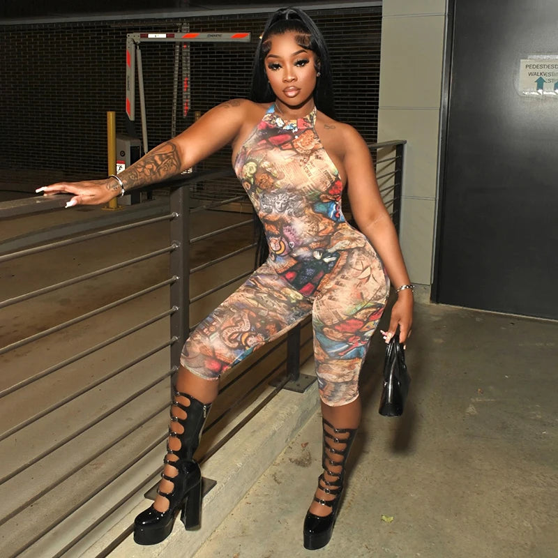 Printed Backless Skinny Jumpsuit with Hanging Neck VestiVogue