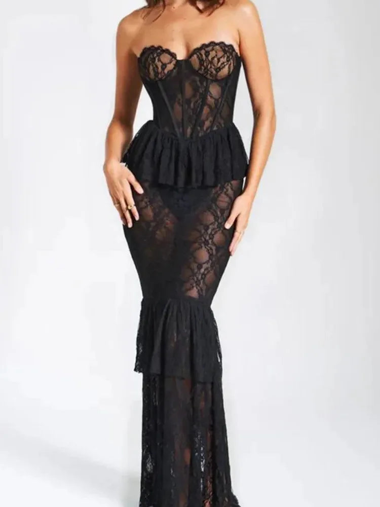 Lace Open Back Ruffle Pleated Dress VestiVogue black S