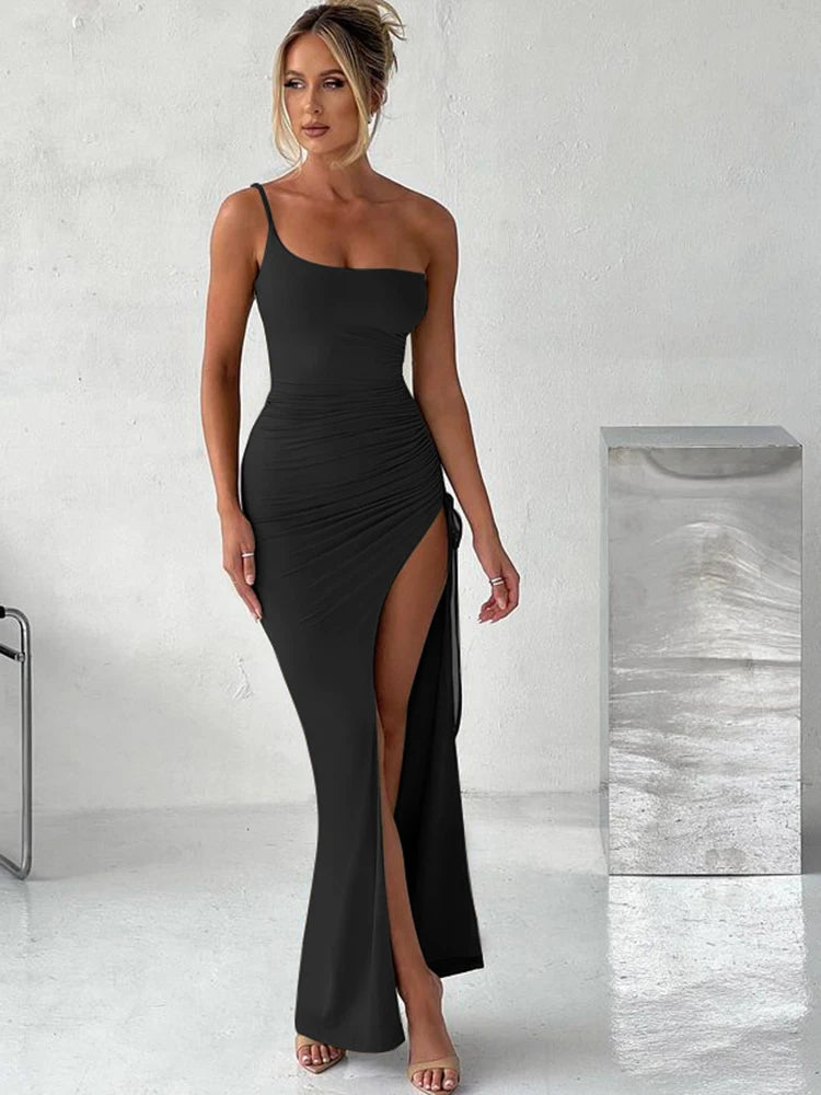 One Shoulder High Slit Bodycon Dress VestiVogue black L