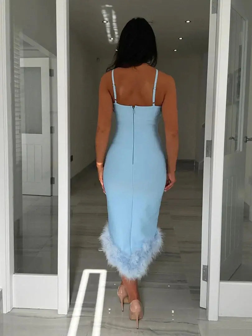 One Shoulder Light Blue Midi  Bandage Bodycon Dress VestiVogue  