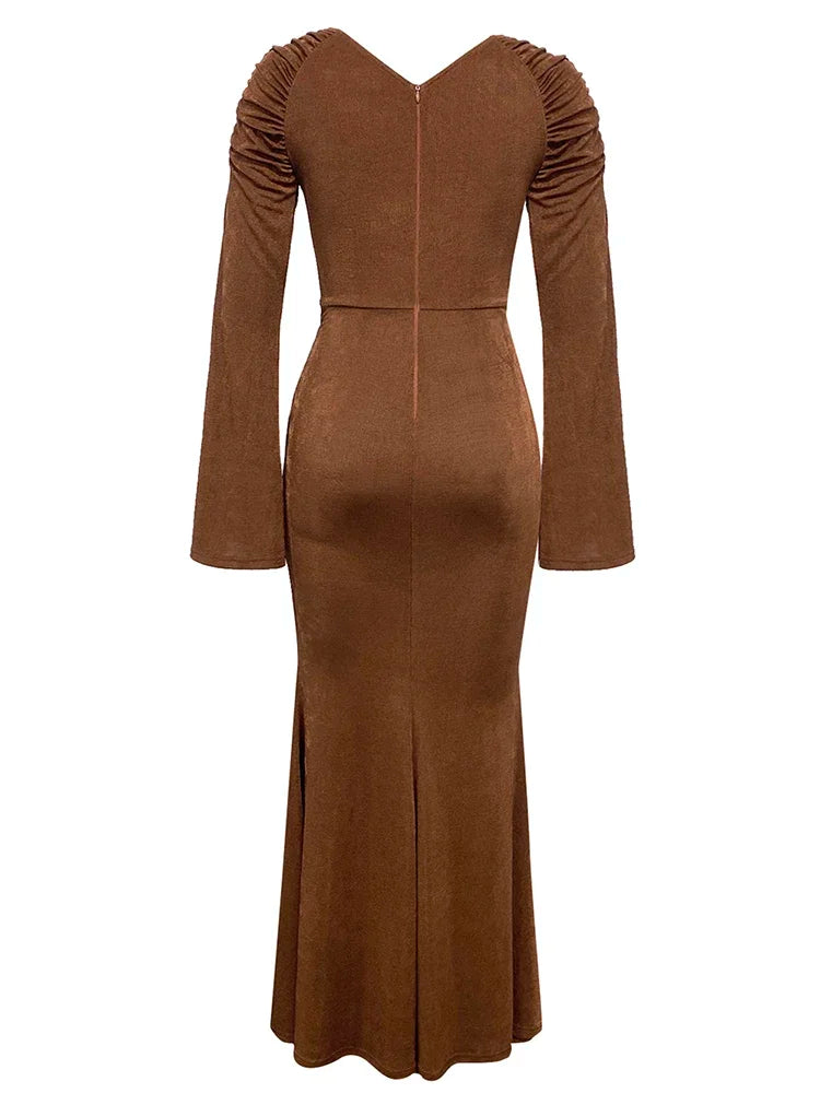 Brown V-Neck Flare Sleeve Maxi Dress VestiVogue