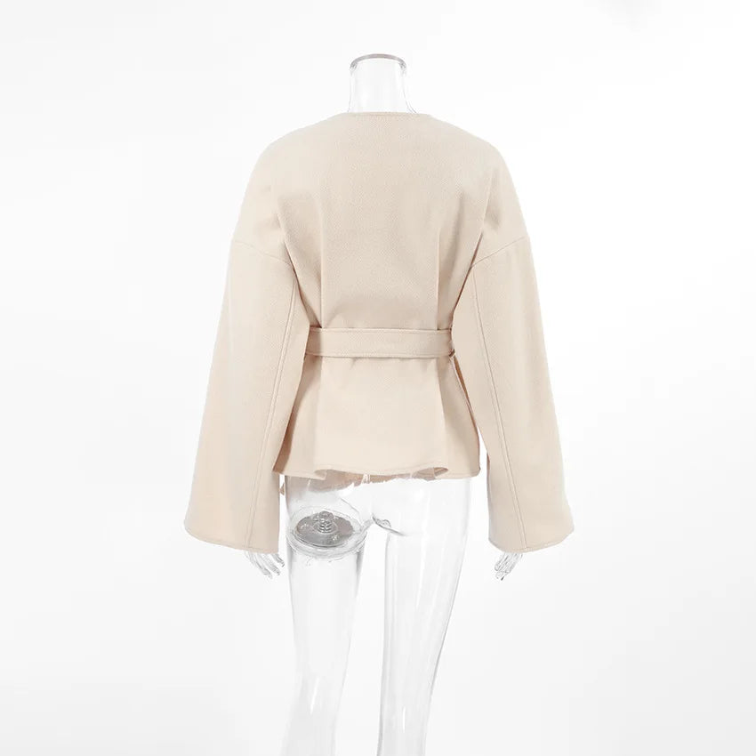 Elegant V-Neck Lace-Up Long Sleeve Coat for Women VestiVogue